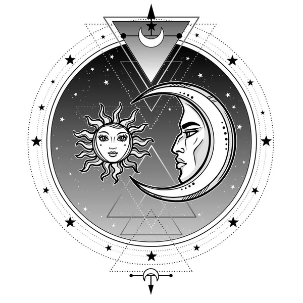 神秘的なシンボル 太陽と月の男と女のイメージ 神聖な幾何学 錬金術 マジック 難解なオカルト ベクター グラフィックは 白い背景で隔離 ポスター — ストックベクタ