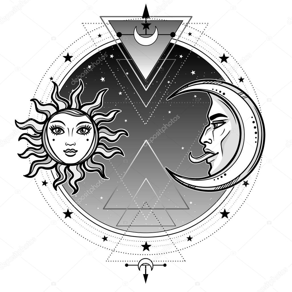  Mystical symbols: sun and moon in an image of the man and woman.Sacred geometry. Alchemy, magic, esoteric, occultism. Vector illustration isolated on a white background.Print, poster, t-shirt, card.