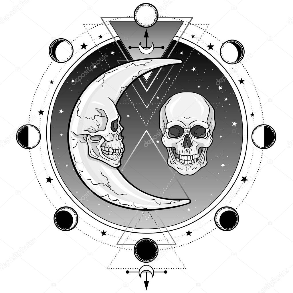Mystical symbols: the moon and month in the form of human skulls.Sacred geometry. Alchemy, magic, esoteric, occultism. Vector illustration isolated on a white background. Print, poster, t-shirt, card