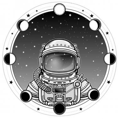 Animasyon astronot uzay giysisi içinde. Arka plan - gece yıldızlı gökyüzü, ay aşamaları. Beyaz bir arka plan üzerinde izole vektör çizim. Baskı, poster, tişört, kart.
