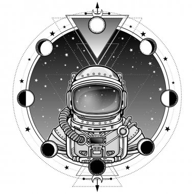 Animasyon astronot uzay giysisi içinde. Arka plan - gece yıldızlı gökyüzü, ay aşamaları. Beyaz bir arka plan üzerinde izole vektör çizim. Baskı, poster, tişört, kart.