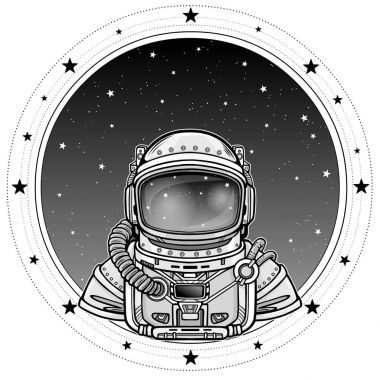Animasyon astronot uzay giysisi içinde. Bir arka plan - gece yıldızlı gökyüzü. Beyaz bir arka plan üzerinde izole vektör çizim. Baskı, poster, tişört, kart.