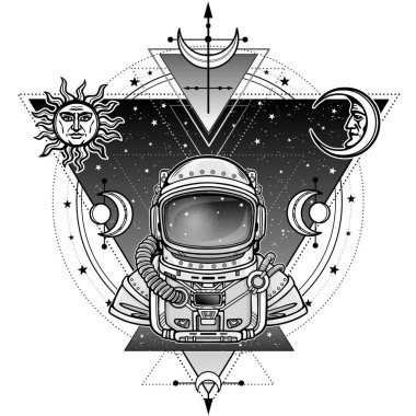 Animasyon astronot uzay giysisi içinde. Arka plan - gece yıldızlı gökyüzü, güneş ve ay sembolleri. Beyaz bir arka plan üzerinde izole vektör çizim. Baskı, poster, tişört, kart.