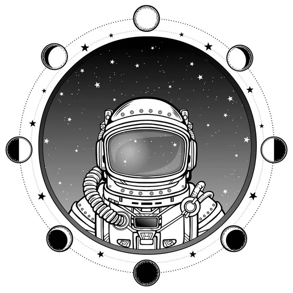 Animasyon astronot uzay giysisi içinde. Arka plan - gece yıldızlı gökyüzü, ay aşamaları. Beyaz bir arka plan üzerinde izole vektör çizim. Baskı, poster, tişört, kart.