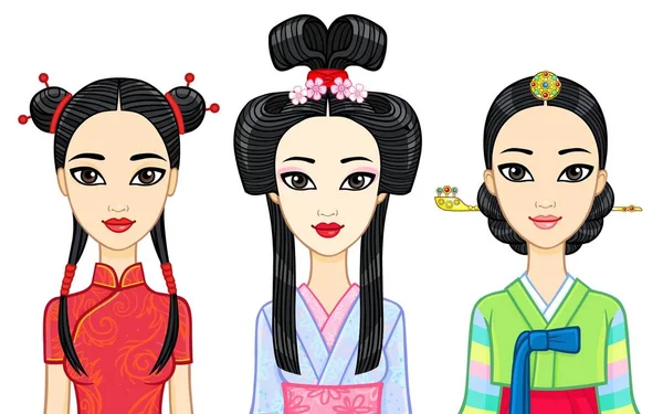 Belleza Asiática Conjunto Retratos Animación Chicas Orientales Con Ropa Tradicional — Vector de stock