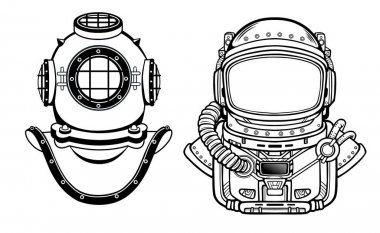 İnsan buluşlar: Antik Dalış kask, takım astronot'ın. Geçmiş ve gelecek. Derinlik bilim. Beyaz bir arka plan üzerinde izole vektör çizim. Baskı, poster, tişört, kart.
