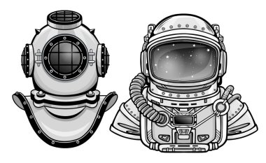 İnsan buluşlar: Antik Dalış kask, takım astronot'ın. Geçmiş ve gelecek. Derinlik bilim. Beyaz bir arka plan üzerinde izole vektör çizim. Baskı, poster, tişört, kart.