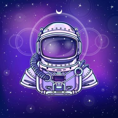 İnsan buluşlar: takım astronot'ın. Derinlik bilim. Arka plan - gece yıldızlı gökyüzü. Vektör çizim. Baskı, poster, tişört, kart.