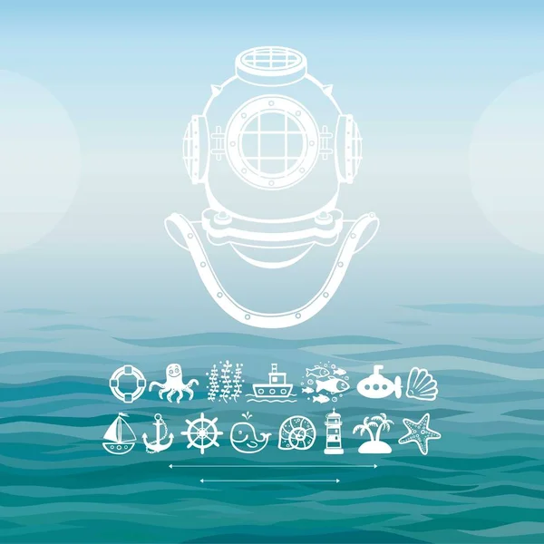 Старовинний Шолом Дайвінгу Набір Морських Значків Тло Океанські Хвилі Небо — стоковий вектор