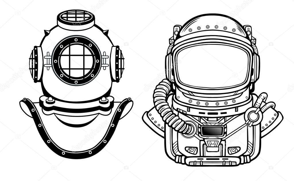 Human inventions: ancient diving helmet, astronaut`s suit. Past and future. Depth science. Vector illustration isolated on a white background.  Print, poster, t-shirt, card.