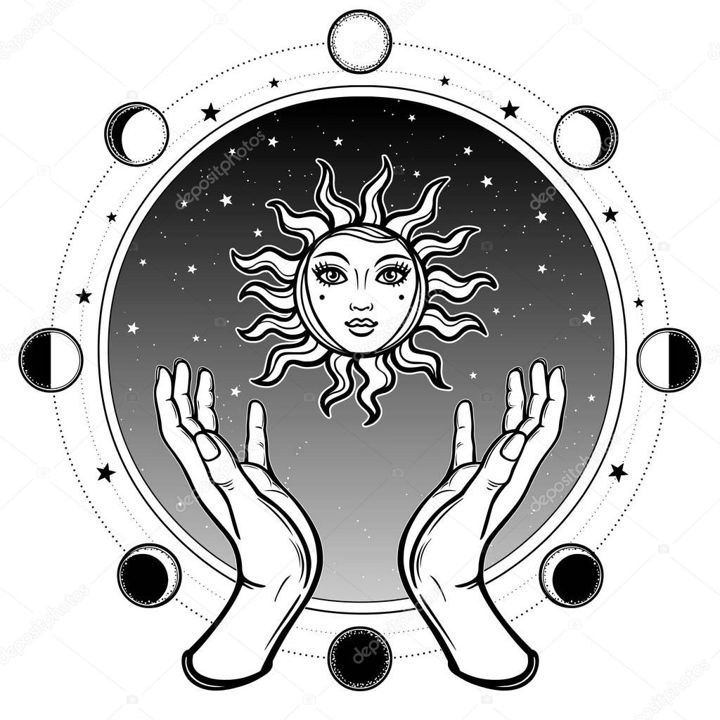 Human hands hold a symbol of the sun. Background - a circle of the night star sky, a phase of the moon. Vector illustration isolated on a white background. Print, poster, t-shirt, card.