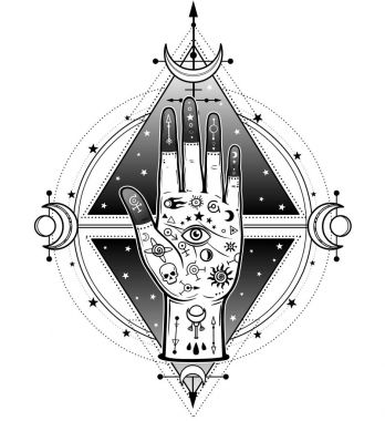 İnsan eli sihirli sembolleri ile boyalı. Arka plan - yıldızlı gökyüzü, kutsal geometri, ay belirtileri. Simya, ezoterik, büyü. Vektör illüstrasyon izole. Baskı, poster, tişört, kart.