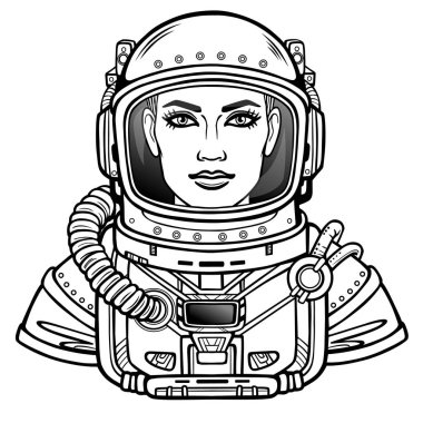 Animasyon astronot uzay giysisi içinde genç çekici kadın portresi. Beyaz bir arka plan üzerinde izole vektör çizim. Var olmak kullanma booke boyama için. Baskı, poster, tişört, kart.