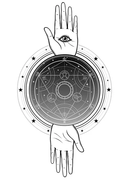 Dwie Ręce Ludzkie Wszechwidzące Oko Boskie Alchemicznych Koło Przekształceń Gwiazdy — Wektor stockowy