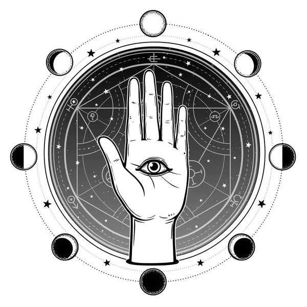 人間の手は すべてを見通す神目です 変換の錬金術円 夜空の星 月の満ち欠け ベクトル図が分離されました ポスター シャツ カード — ストックベクタ