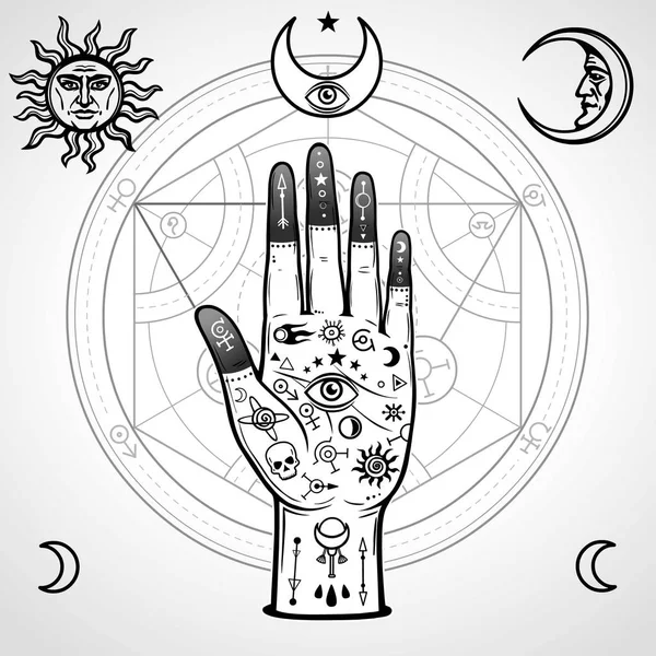 用魔法符号描绘的人的手 炼变换的圈子 月亮和太阳的迹象 在白色背景上隔离的矢量插图 — 图库矢量图片