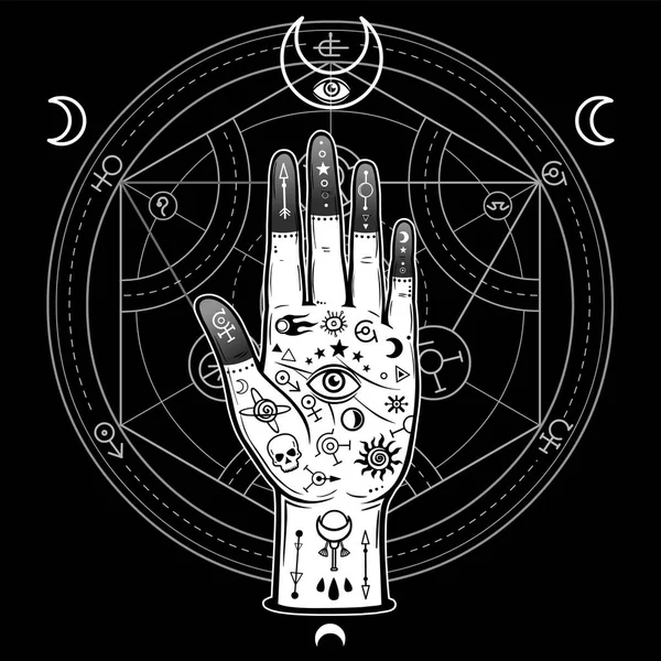 Людська Рука Намальована Магічними Символами Алхімічне Коло Перетворень Знаки Місяця — стоковий вектор