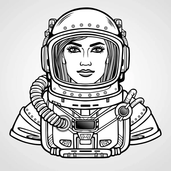 Portret Animacji Młoda Atrakcyjna Kobieta Astronautów Kombinezonie Kosmicznym Wektor Ilustracja — Wektor stockowy