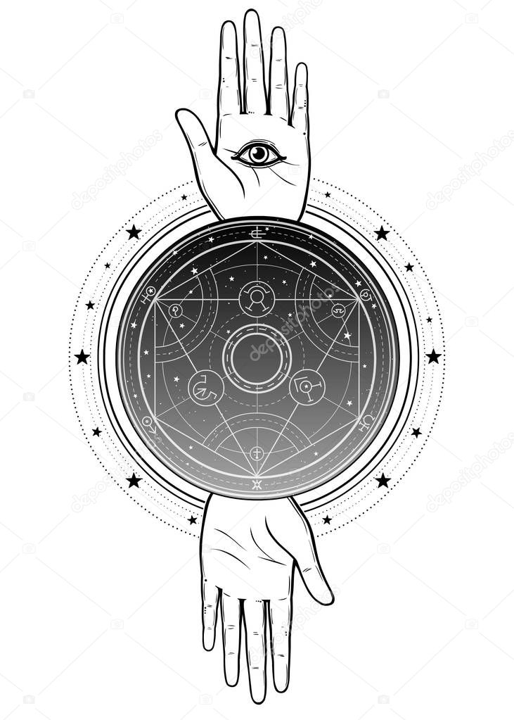 Two Human hands has an all-seeing divine eye. Alchemical circle of transformations. Night star sky. Vector illustration isolated on a white background. Print, poster, t-shirt, card.