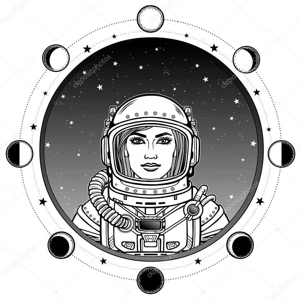 Animation portrait of the young attractive woman astronaut in a space suit. Background - the night star sky, phases of the moon. Place for the text.Vector illustration isolated. Print, poster, t-shirt.