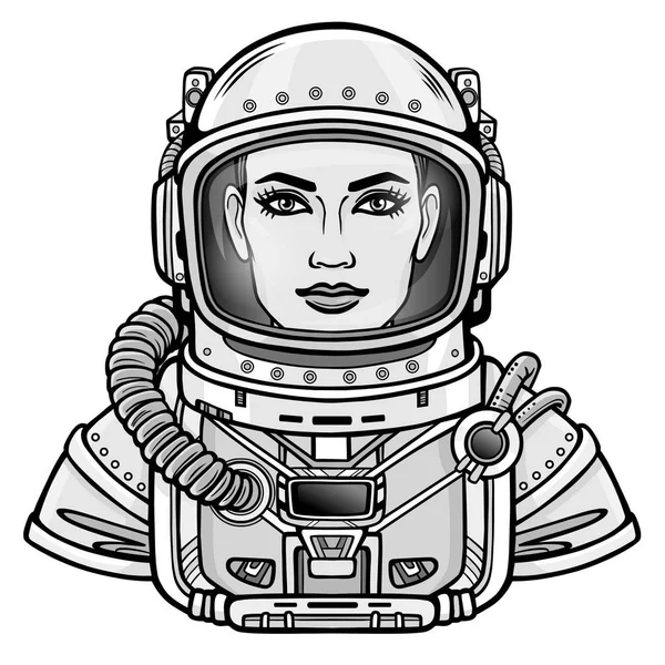 Animationsporträt Der Jungen Attraktiven Frau Des Astronauten Weltraumanzug Vektor Illustration — Stockvektor