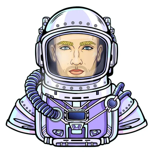 Анимационный Портрет Привлекательного Мужчины Космонавта Скафандре Векторная Иллюстрация Изолирована Белом — стоковый вектор