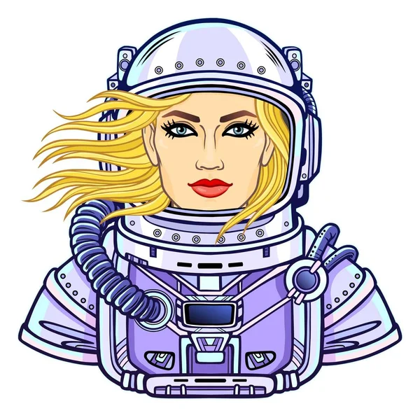 Animation Portrait Young Attractive Woman Astronaut Open Space Suit Vector — Stock Vector