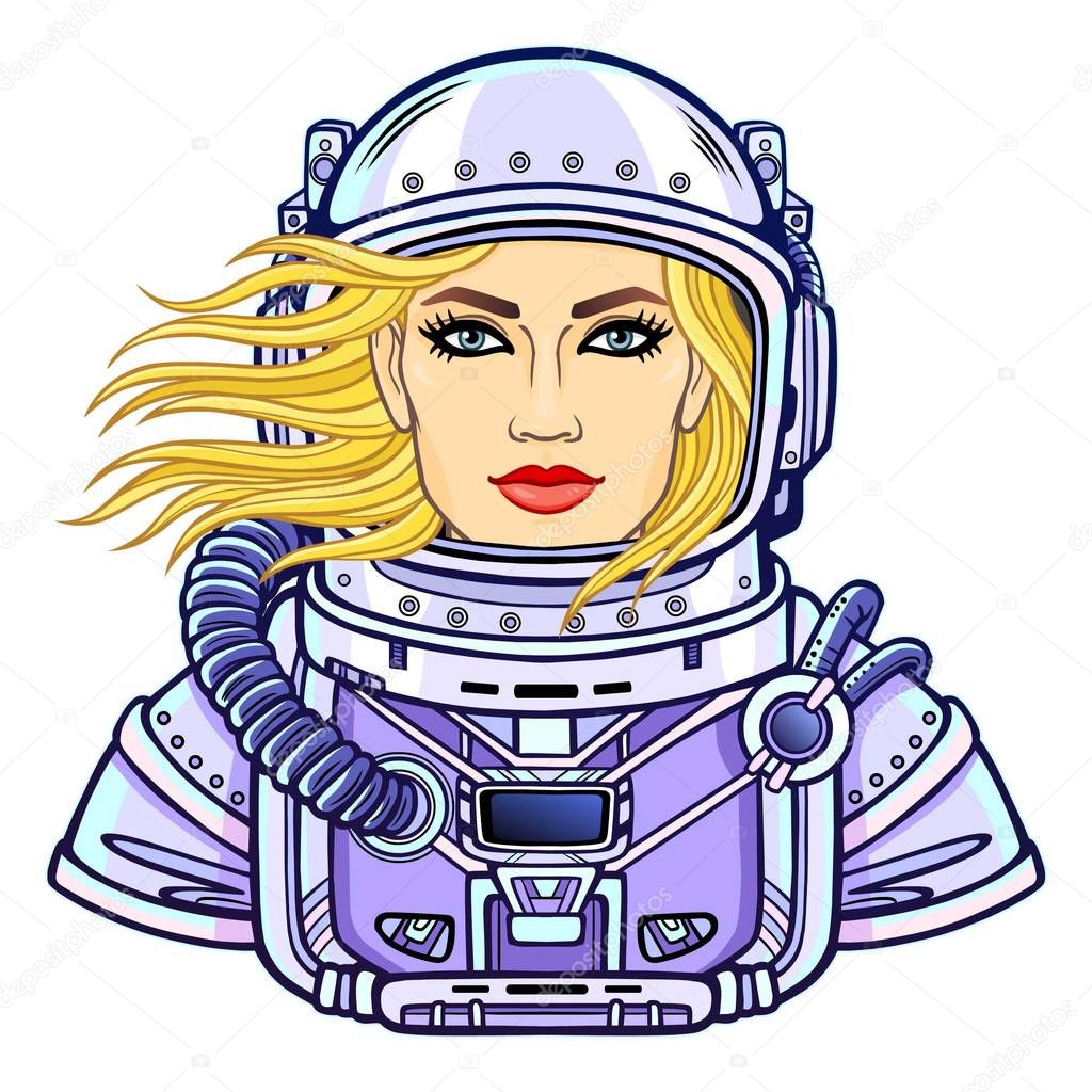 Animation portrait of the young attractive woman of the astronaut in a  open space suit. Vector illustration isolated on a white background. Print, poster, t-shirt, card.