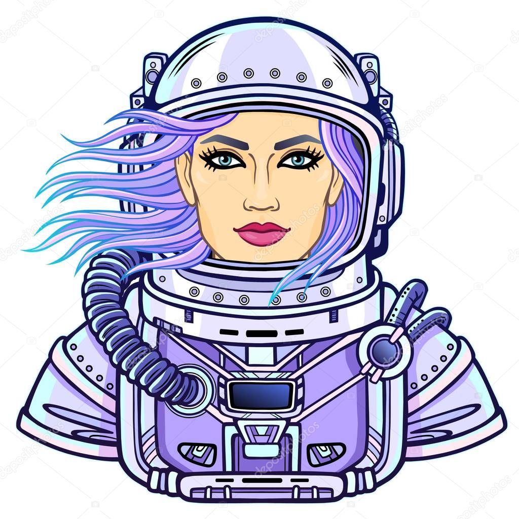 Animation portrait of the young attractive woman of the astronaut in a  open space suit. Vector illustration isolated on a white background. Print, poster, t-shirt, card.