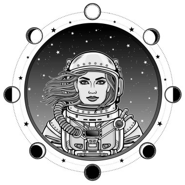 Açık alan elbiseli kadın astronot animasyon portresi. Arka plan - yıldızlı gökyüzü, ay aşamaları. Beyaz bir arka plan üzerinde izole vektör çizim. Baskı, poster, tişört, kart.