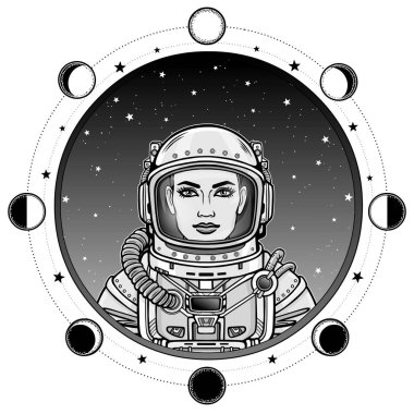 Çekici kadın astronot uzay giysisi içinde animasyon portresi. Arka plan - yıldızlı gökyüzü, ay aşamaları. Beyaz bir arka plan üzerinde izole vektör çizim. Baskı, poster, tişört, kart.