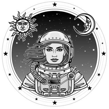 Açık alan elbiseli kadın astronot animasyon portresi. Arka plan - yıldızlı gökyüzü, ay ve güneş sembolleri. Beyaz bir arka plan üzerinde izole vektör çizim. Baskı, poster, tişört, kart
