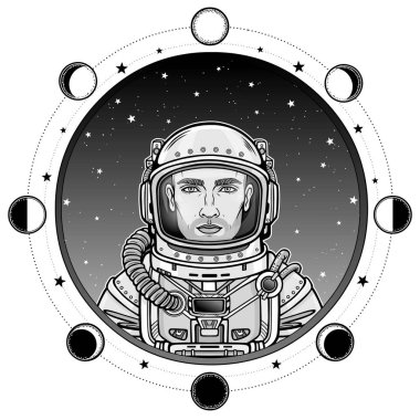 Çekici bir adam astronot uzay giysisi içinde animasyon portresi. Arka plan - yıldızlı gökyüzü, ay aşamaları. Beyaz bir arka plan üzerinde izole vektör çizim. Baskı, poster, tişört, kart.