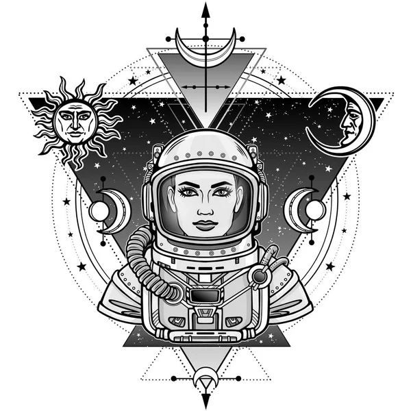 Kadın astronot uzay giysisi içinde animasyon portresi. Arka plan - yıldızlı gökyüzü, kutsal geometri, ay ve güneş sembolleri. Vektör illüstrasyon izole. Baskı, poster, tişört, kart.