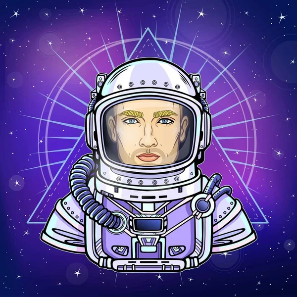 Animation Portrait Man Astronaut Space Suit Background Night Star Sky — Stock Vector