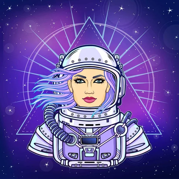 アニメーション オープンの宇宙服の若い女性宇宙飛行士の肖像画 夜の星の空 ベクトルの図 ポスター シャツ カード — ストックベクタ