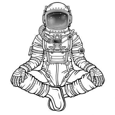Buda poz oturan astronot animasyon rakam. Meditasyon uzayda. Beyaz bir arka plan üzerinde izole vektör çizim. Var olmak kullanma booke boyama için. Baskı, poster, tişört, kart.