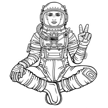 Buda poz oturan kadın astronot animasyon rakam. Meditasyon uzayda. Beyaz bir arka plan üzerinde izole vektör çizim. Var olmak kullanma booke boyama için. Baskı, poster, tişört, kart.
