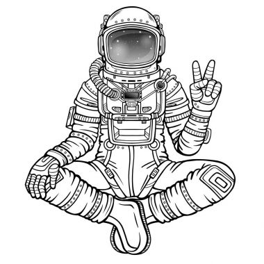 Buda poz oturan astronot animasyon rakam. Meditasyon uzayda. Beyaz bir arka plan üzerinde izole vektör çizim. Var olmak kullanma booke boyama için. Baskı, poster, tişört, kart.