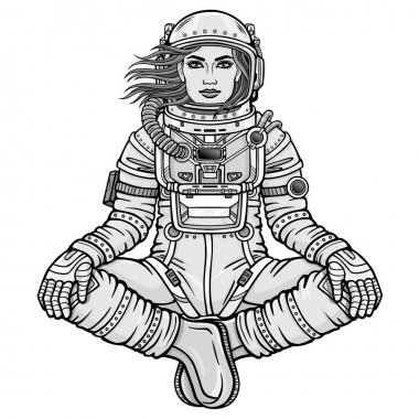 Buda poz oturan kadın astronot animasyon rakam. Meditasyon uzayda. Tek renkli çizim. Beyaz bir arka plan üzerinde izole vektör çizim. Baskı, poster, tişört, kart.