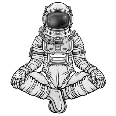 Buda poz oturan astronot animasyon rakam. Meditasyon uzayda. Beyaz bir arka plan üzerinde izole vektör çizim. Baskı, poster, tişört, kart.