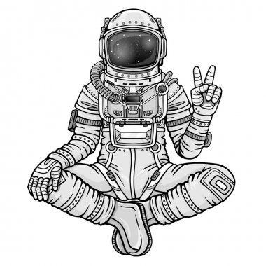 Buda poz oturan astronot animasyon rakam. Meditasyon uzayda. Tek renkli çizim. Beyaz bir arka plan üzerinde izole vektör çizim. Baskı, poster, tişört, kart.