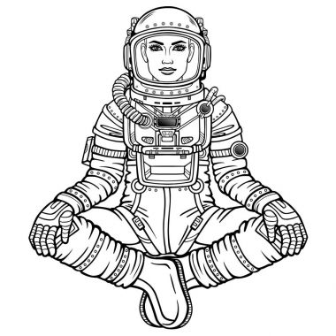 Buda poz oturan kadın astronot animasyon rakam. Meditasyon uzayda. Beyaz bir arka plan üzerinde izole vektör çizim. Var olmak kullanma booke boyama için. Baskı, poster, tişört, kart.