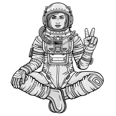 Buda poz oturan kadın astronot animasyon rakam. Meditasyon uzayda. Tek renkli çizim. Beyaz bir arka plan üzerinde izole vektör çizim. Baskı, poster, tişört, kart.