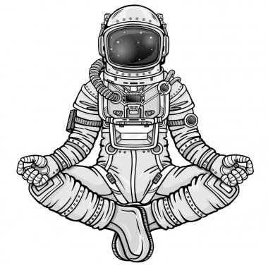 Buda poz oturan astronot animasyon rakam. Meditasyon uzayda. Tek renkli çizim. Beyaz bir arka plan üzerinde izole vektör çizim. Baskı, poster, tişört, kart.