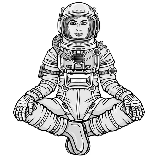 Buda poz oturan kadın astronot animasyon rakam. Meditasyon uzayda. Tek renkli çizim. Beyaz bir arka plan üzerinde izole vektör çizim. Baskı, poster, tişört, kart.