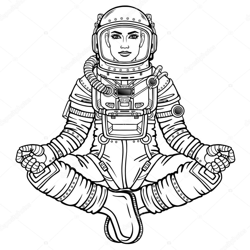 Animation figure of the woman astronaut sitting in a Buddha pose. Meditation in space.  Vector illustration isolated on a white background. Be use for coloring booke. Print, poster, t-shirt, card.