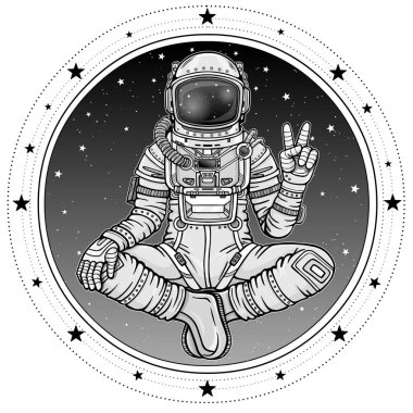 Buda poz oturan astronot animasyon rakam. Meditasyon uzayda. Arka plan - gece gökyüzü, yıldız bir daire. Vektör illüstrasyon izole. Baskı, poster, tişört, kart.