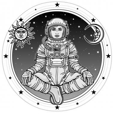 Buda poz oturan kadın astronot animasyon rakam. Meditasyon uzayda. Arka plan - gece gökyüzü, güneş ve ay sembolleri. Vektör illüstrasyon izole. Baskı, poster, tişört, kart.