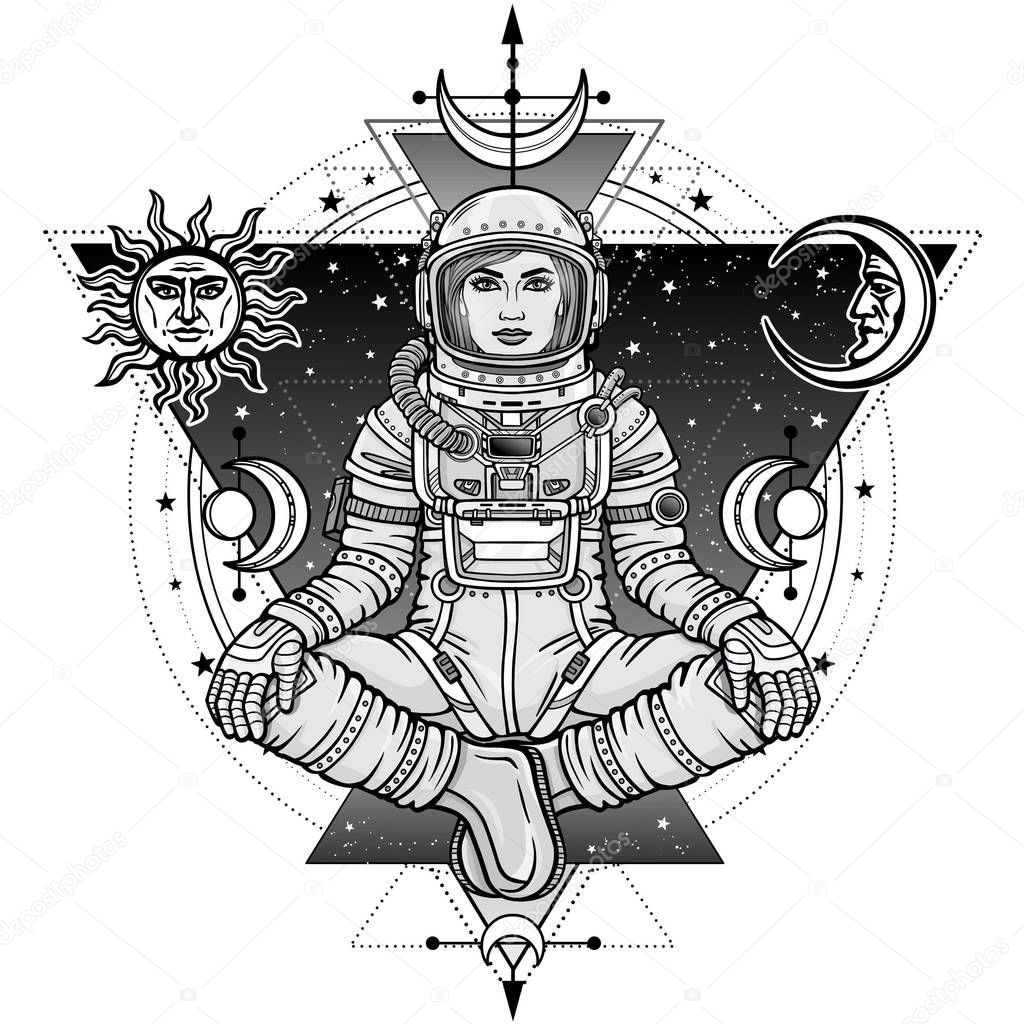 Animation figure of the woman astronaut sitting in Buddha pose. Meditation in space. Background - the night sky, esoteric symbols, sun and moon. Vector illustration isolated. Print, poster, t-shirt.